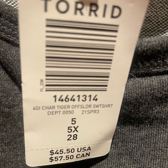 Torrid Charcoal Grey Tiger Off Shoulder Sweatshirt size 5 NWT - Picture 6 of 8
